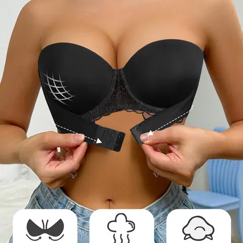 Women's Soft Breathable Lace Push Up Strapless Bandeau Bra - Front Closure Underwire, Anti-Sagging, Anti-Slip, Side Support, Removable Straps, Halter Neck Option, Women's Underwear for Christmas, Birthday