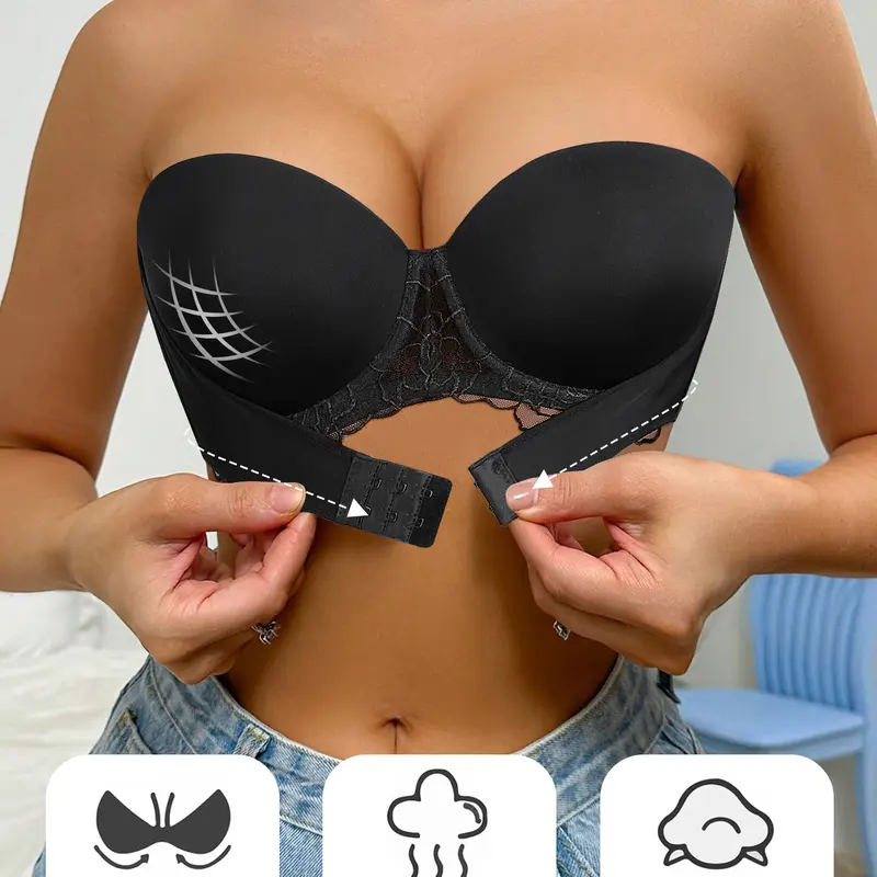 Women's Soft Breathable Lace Push Up Strapless Bandeau Bra - Front Closure Underwire, Anti-Sagging, Anti-Slip, Side Support, Removable Straps, Halter Neck Option, Women's Underwear for Christmas, Birthday