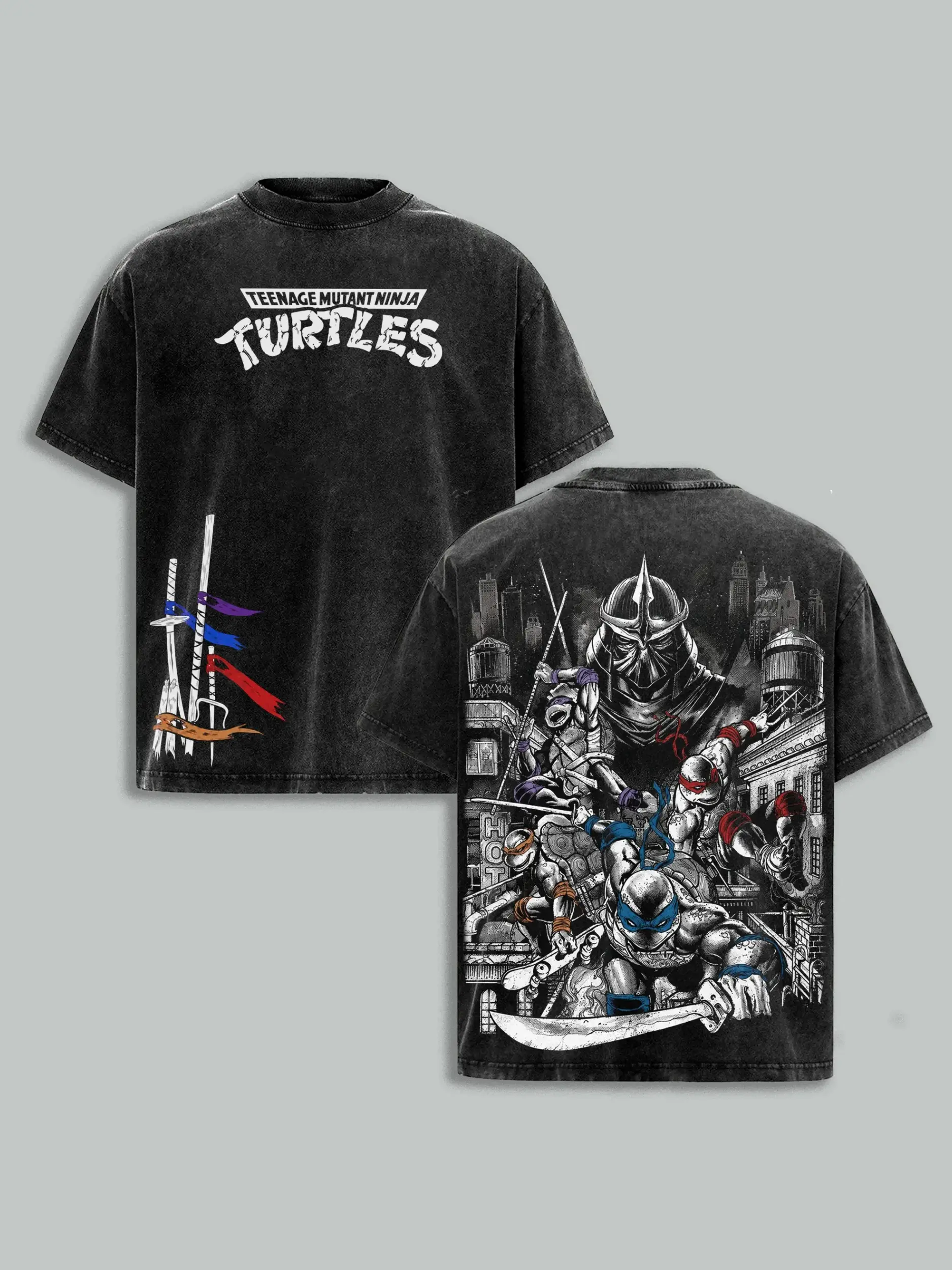 Vintage Black Washed TMNT T-Shirt, Front "Turtles" Logo & Side Weapon Flags + Back Full TMNT & Shredder Print, Oversized Unisex Tee for Retro Anime Fans & Street Style