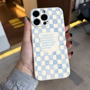 Psalm 34:4, a Bible inspirational quote. This blue and white checkered phone case features a shock-proof and non-slip TPU full-coverage lens protection design, suitable for iPhone 17, 16, 15, 14, 13, 12, 11, XS, X, Samsung, and other models.