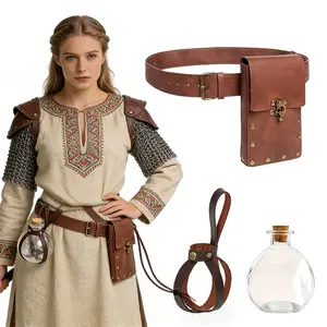3pcs Medieval Viking Role Play Set, Vintage Belt + Buckle Phone Waist Bag + Witch Potion Bottle, Halloween Costume Accessories