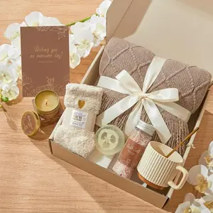 Emberwave Minimalist Neutral Tone Soothing Spa Gift Pack - Positivity Multi-Pack with Knit Blanket, Mug, Candle, Bath Bombs & Cozy Socks (Spring Glow Up Collection)