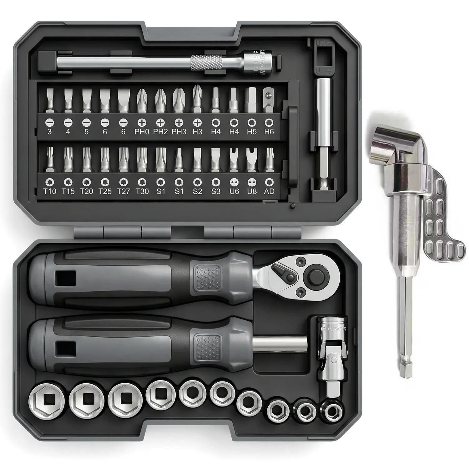 METOXA 41-Piece Ratcheting Screwdriver and Socket Tool Kit - All-in-1 Industrial Heavy-Duty DIY Set with 105° Right Angle Extension, High Torque Compact Repair Gear for Tight Spaces, Automotive Work, Tools