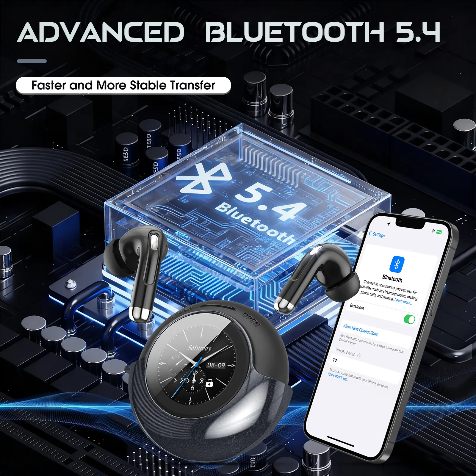 Wireless Earbuds with Smart Touch Screen & 180° Rotating Case – Bluetooth 5.4 Headphones, Noise Cancelling Ear Buds, Stress Relief Design Earphones