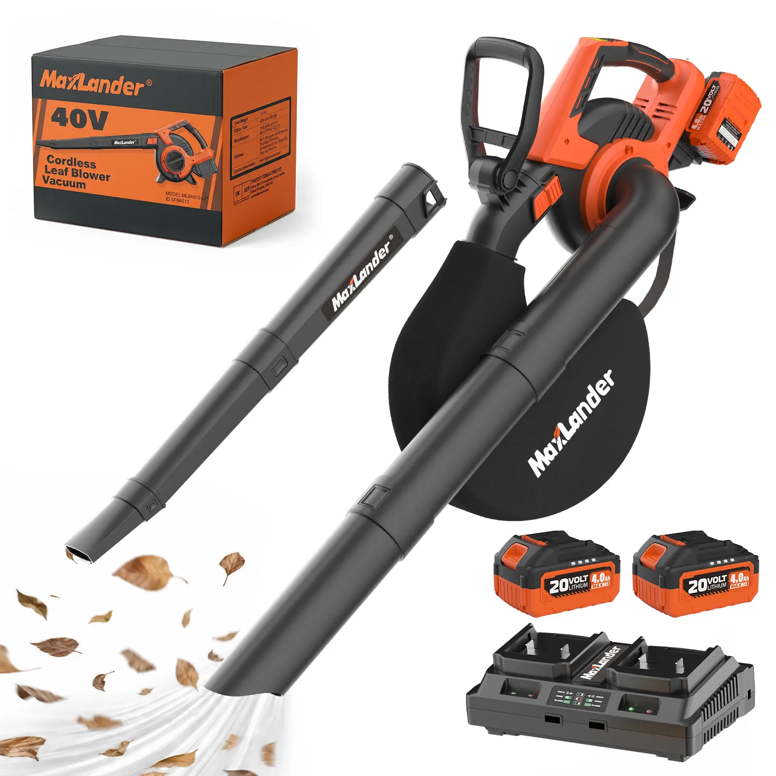 MAXLANDER 40V Cordless Leaf Blower & Vacuum 3-in-1 Brushless 170MPH 360CFM 5-Speed with 2x4.0Ah Battery Charger