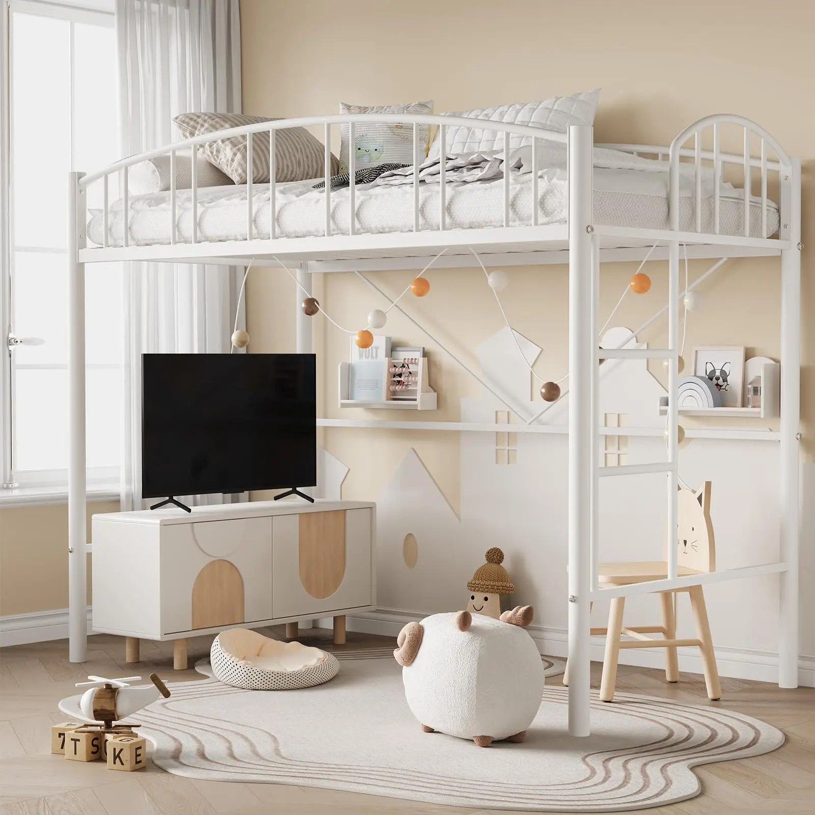 Loft Bed Twin Size, Heavy Duty Metal Loft Bed Frame with Arched Guardrail and Safety Ladder, Space-Saving, No Box Spring Needed