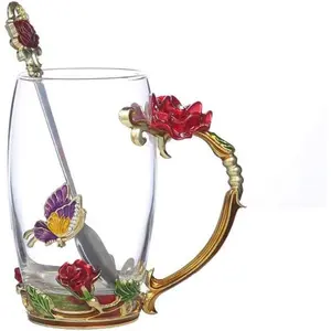 Handicraft  Glass  Flower Cups  Mug With  Spoon Women Coffee, , Juice, , Milk Hot And Cold Drinks Use  Package. (Red Rose-Tal)