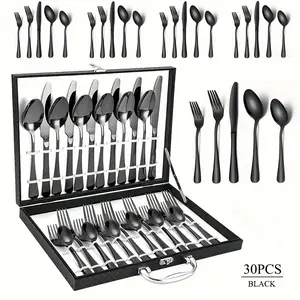 30pcs Deluxe Golden Stainless Steel Silverware With Gift Box Set, Mirror Polishing, 6 People Knives, Forks And Spoons Flatware Set, Exquisite Wooden Box Packaging, Ideal For Business Gifts, Weddings, Celebrations, Banquets