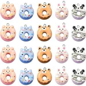30 pcs 5 Styles Lovely Animal Donut Resin Charms Imitation Food Dessert Charms for DIY Jewelry Necklace Bracelet Earring Crafts Bag Keychain Decoration