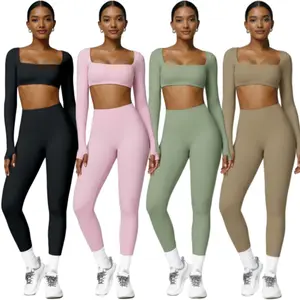 Women's 2 Piece Workout Set Twist Front Long Sleeve Crop Top & High Waist Flared Leggings Highly Elastic Sportswear Set for Spring Summer Fall Stretchable Activewear