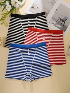 Women's Striped Print Underwear Set, Breathable Comfortable Fabric, 2/3/5 Pieces, Casual Style, Elastic Waistband, All Seasons Wear, Casual Breathable Knicker