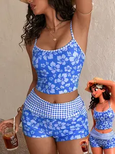 Women's Swimsuit tankini bikinis, summer t-shirt gingham Hibiscus floral  print beachwear tops bra built in/Going Out Outfits/Birthday Outfit/Casual/Y2k/2000s/Y2k Clothes /Classy/Old Money/Streetwear/Vacation Outfits/ beachwear