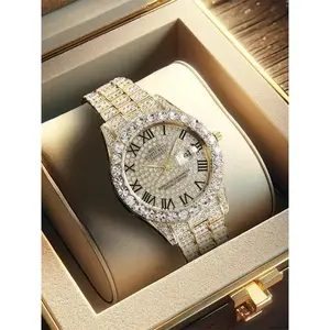 Men's Business Rhinestones Roman Scale Watch, Fashion Watch with Day Date, Daily Clothing Decor, Trendy All-match & Exquisite Watch for Birthday Gift with Box