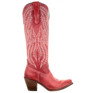 Corral Boots Womens Rioja Red Embroidered Snip Toe Pull On  Casual Boots Knee High Mid Heel 2-3" - Red