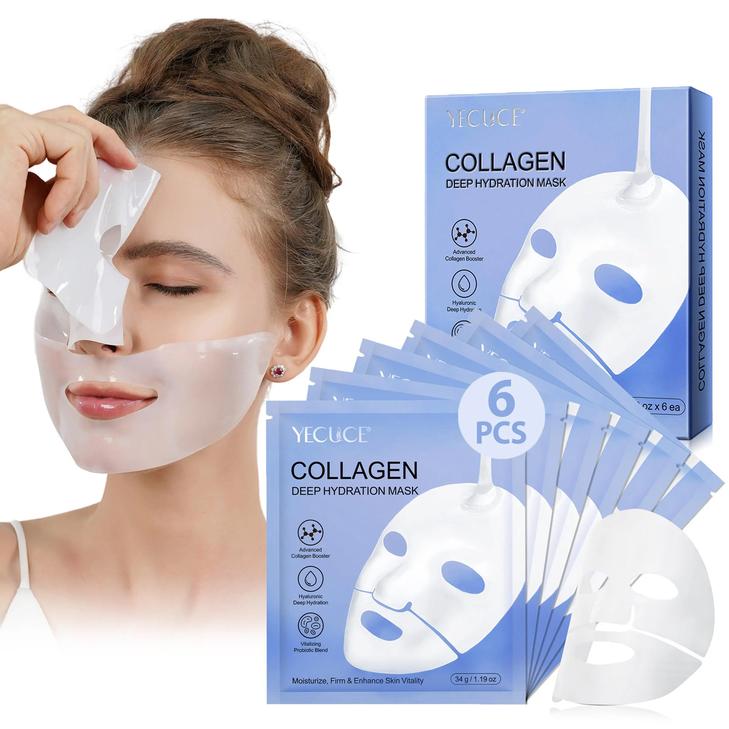 YECUCE Collagen Moisturizing Deep Hydrating Mask 1 Box 6 Pieces, Hydrating Face Mask, Night Moisturizer Hydrating Hydrogel Mask, Rich in Collagen and Hyaluronic Acid, Long-lasting Moisturizing and Enhancing Elasticity