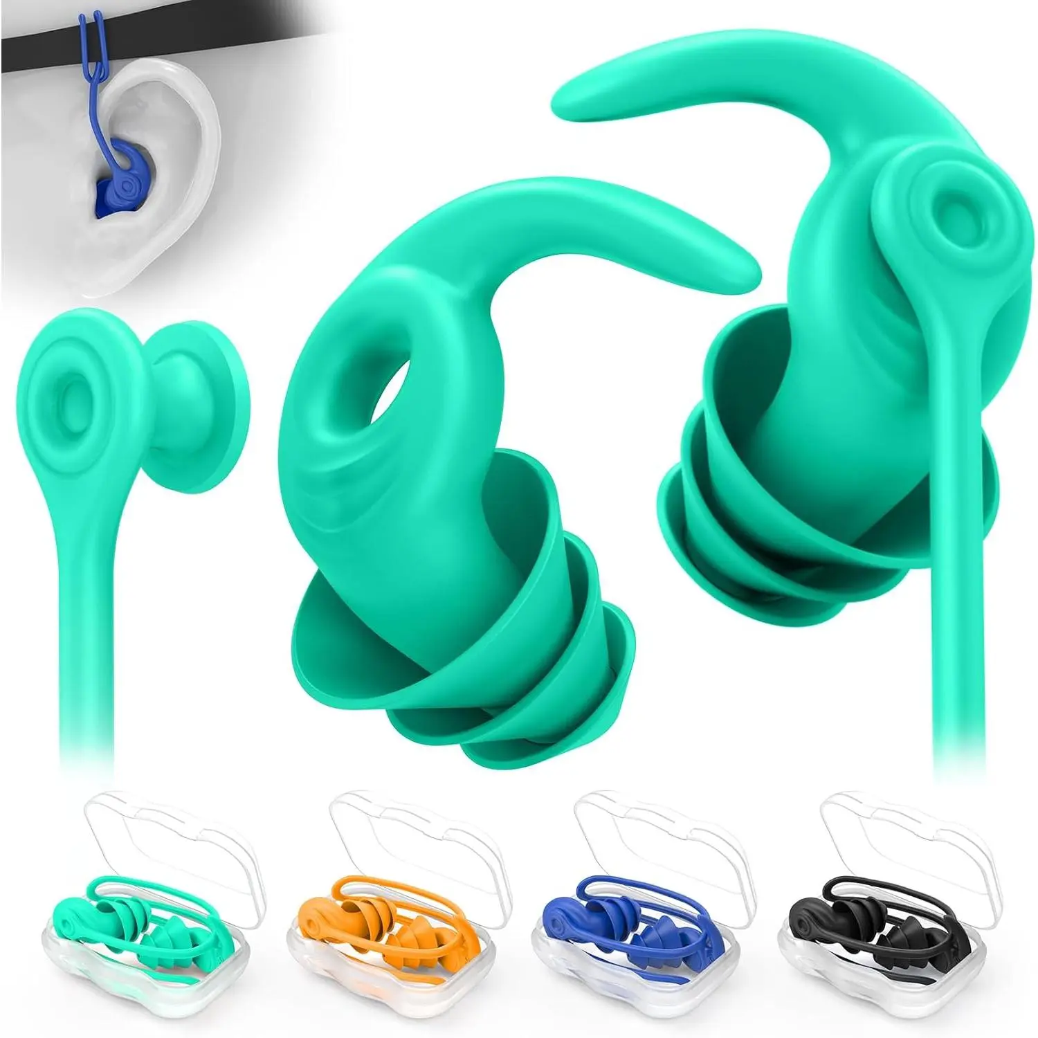 Waterproof Reusable Silicone Swimming Ear Plugs for Adults, 4-Pair Pack with Removable Cord, 2 Wearing Styles, Ideal for Swimming, Water Sports, Four Pairs Pack