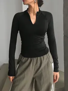 Women's Solid Color Zip Up Raglan Sleeve Sports Tee, Casual Long Sleeve Stand Collar T-shirt for Yoga Gym Workout Running, Ladies Sportswear for All Seasons, Athletic Top