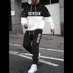 NewMen's Hooded Sweatshirt & Jogger Pants Set, High-End Letter Print, Soft Breathable Fabric, Fall Winter