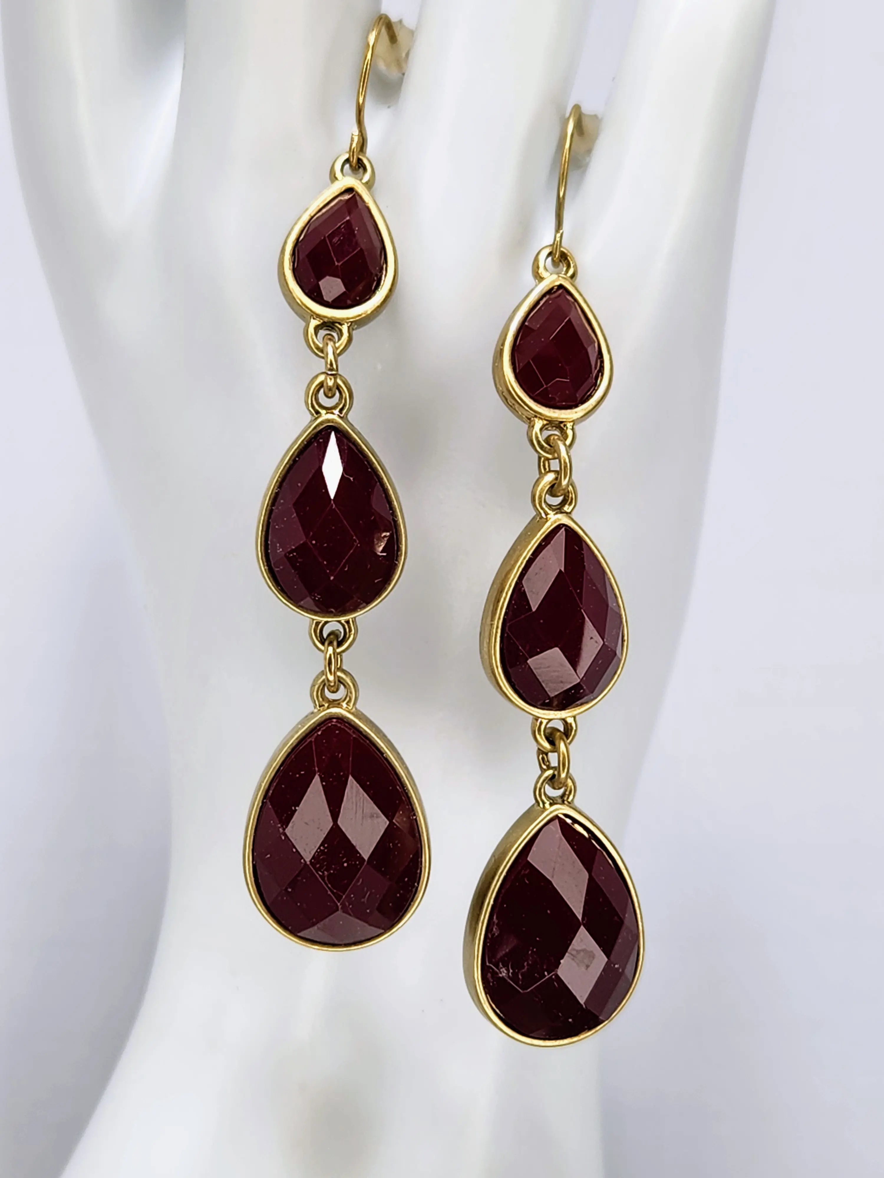 Women's Burgundy Cascade 3-Teardrop Drop Earrings - Faceted Stones, Female Fit Fashion Costume Jewelry Accessory