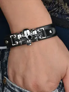 1pcs Retro Gothic Rock Men's Fashion Black Faux Leather Skull Adjustable Bracelet Set Jewelry Accessories Adjustable Cuff Punk Style Bracelet