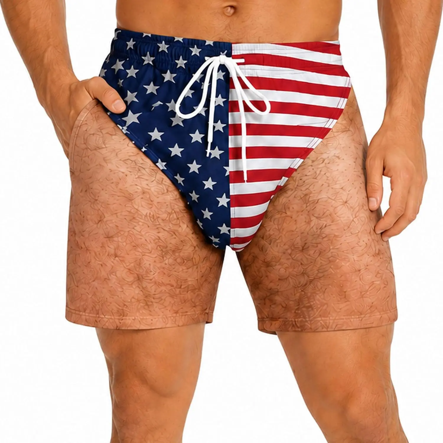 Custom Funny Patriotic Men Swim Trunks Shorts, 3D Hairy Briefs Graphic Swim Trunks, Patriotic Beach Shorts for Men