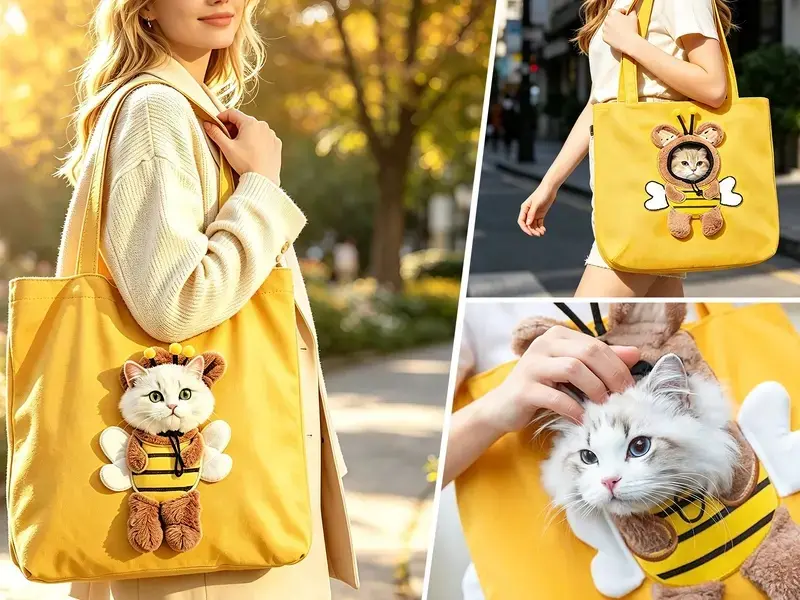 Cartoon Print Tote Pet Carrier Bags for Small-Medium Dogs & Cats - 3D Plush Appliqué, Transparent Viewing Window, Washable Daily Design, Enclosed Safety Protection, Crossbody Carry Option, Tote Bags