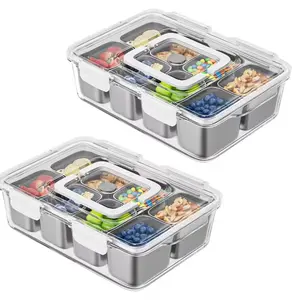 8-Compartment Clear Snack Container with Lid & Handle - Dishwasher/Microwave Safe, Portable Fruit, Vegetable, Candy, and Nut Tray - Suitable for Lunch, Salad, Snacks, Essential for Travel, Camping, Picnics, and Meal Prep, Christmas Gift