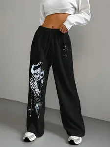 Women's Drawstring Pants with Elastic Waistband, Skull & Cross Print, Casual Street Style, Comfortable All-Season Wear