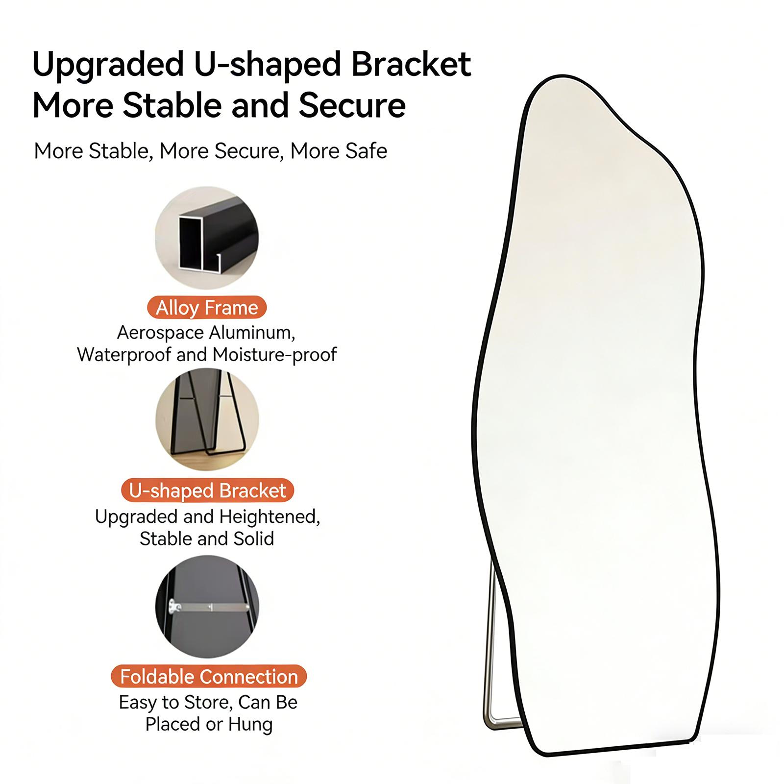 17569H01-Irregular Wavy Full Length Mirror, Tempered Glass Asymmetrical Body Mirror, Modern Aesthetic Free Standing/Wall Mounted Dressing Mirror for Bedroom Closet