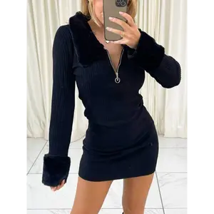 Faux Fur Trim Ribbed Mini Dress