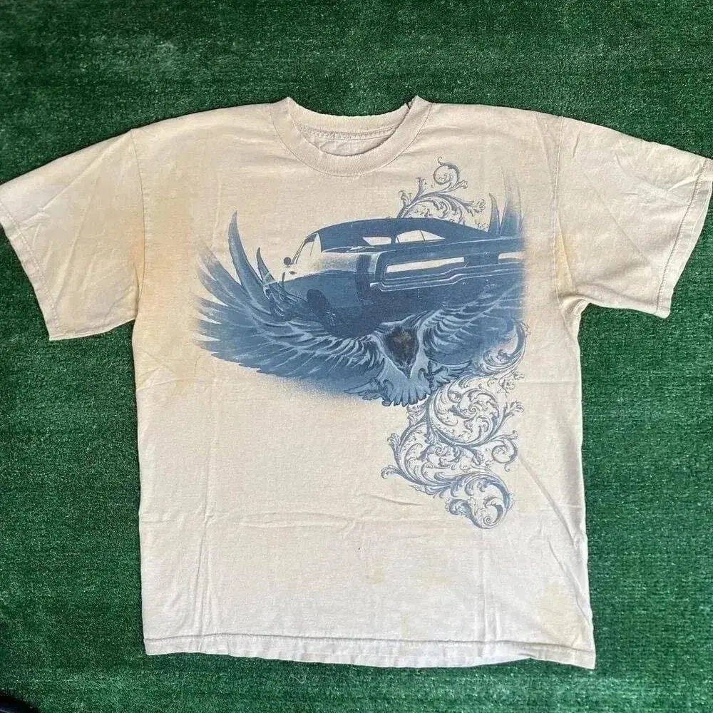 Retro Vintage Muscle Car Winged Graphic Sand Washed Tee Americana Streetwear Shirt