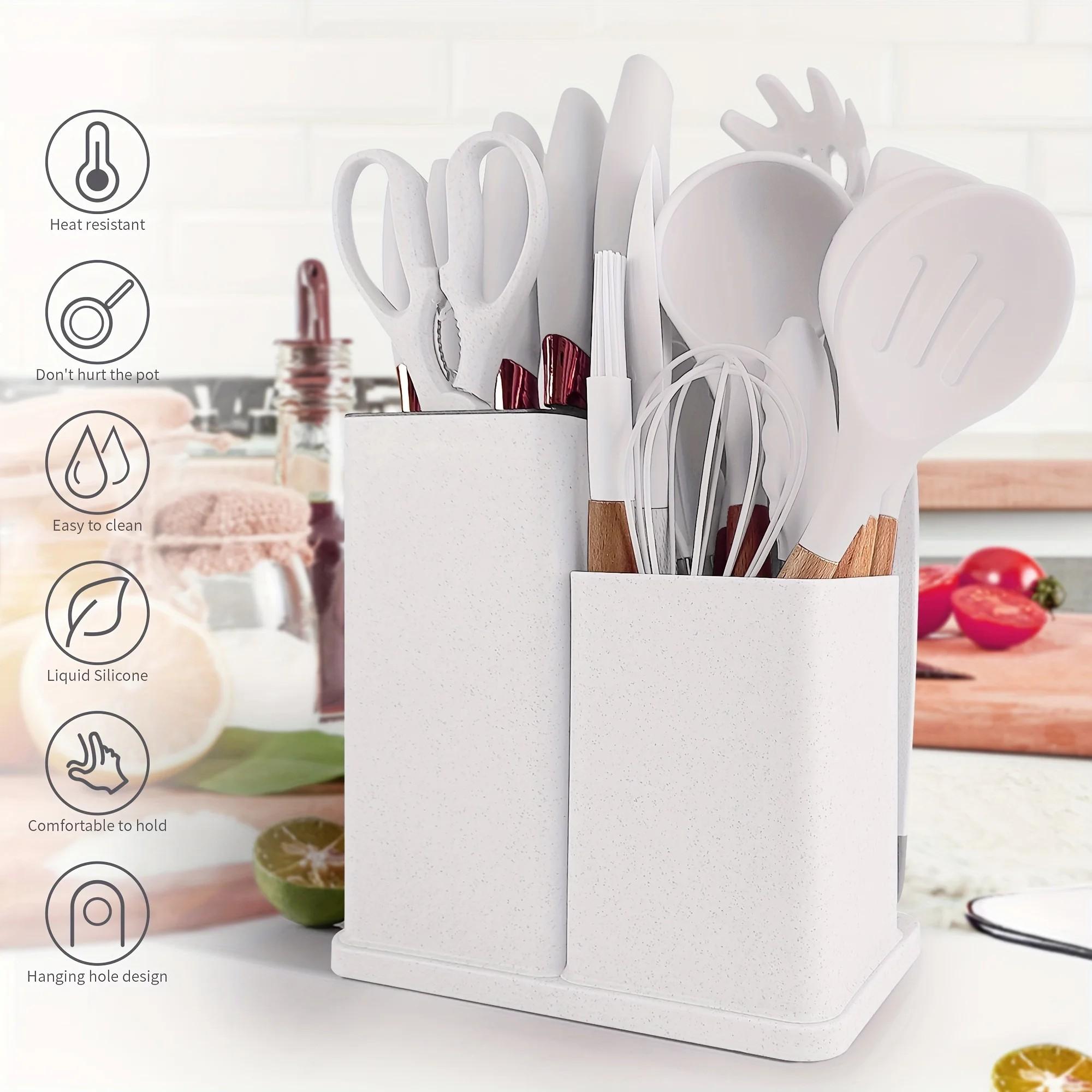 GalentinesDay Kitchen Utensils Set, 19pcs/set Including SiliconeCooking Utensils Set & Holder & Cutting Board,Non-stick Cookware Set, Modern CookingUtensils Set for Home Kitchen Black Wooden Spatulas Wooden Lid Spoon White Pink