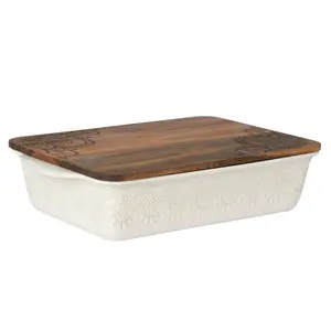 The Pioneer Woman 9" x 13" Vintage Lace Ceramic Casserole Baking Dish with Wood Lid, Linen