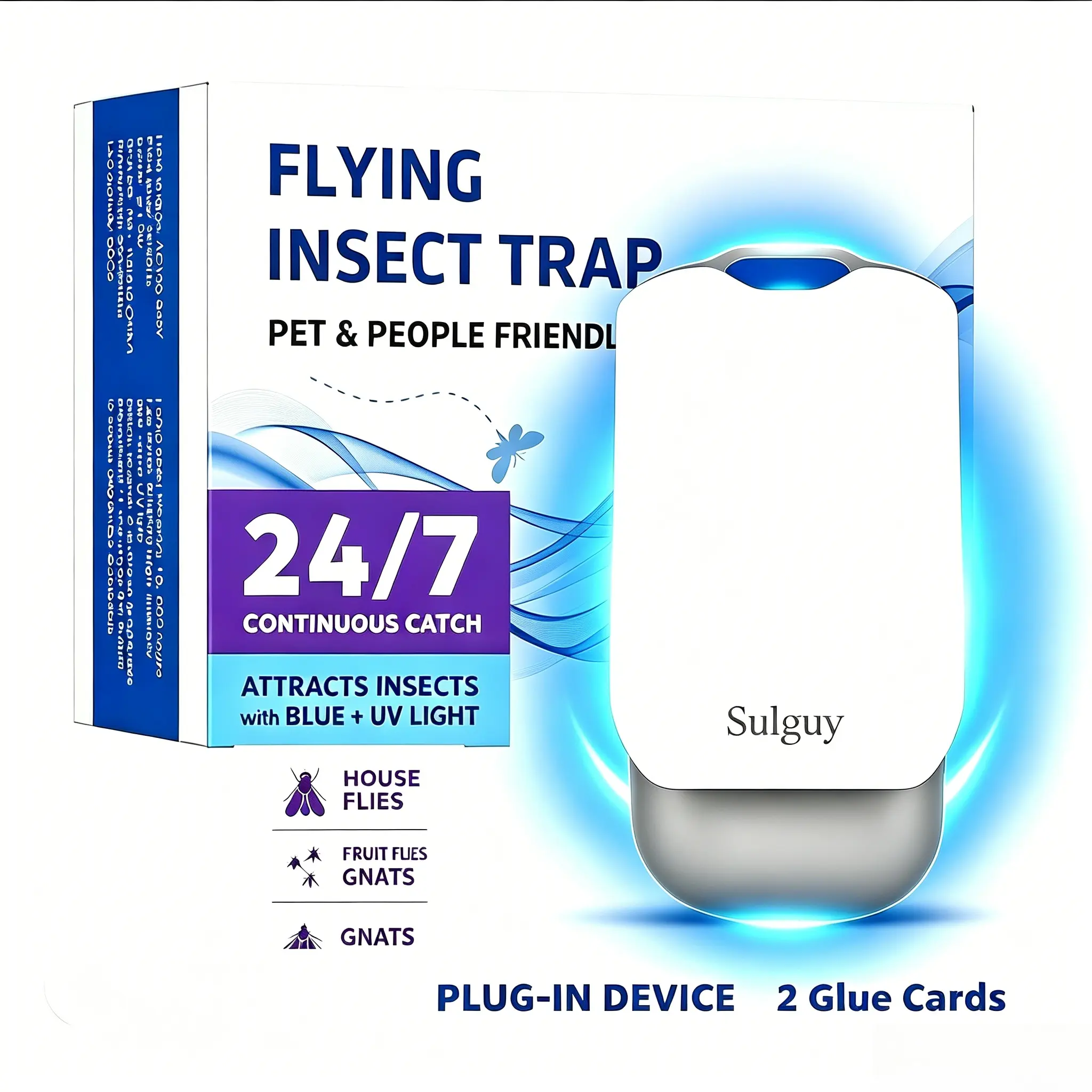 Indoor Plug-In Flying Insect Trap, Sulguy Fruit Fly & Mosquito Catcher, 1 Device + 2 Glue Card Refills, UV Light Attractant System, Safe for Home & Kitchen