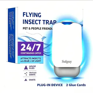 Indoor Plug-In Flying Insect Trap, Sulguy Fruit Fly & Mosquito Catcher, 1 Device + 2 Glue Card Refills, UV Light Attractant System, Safe for Home & Kitchen
