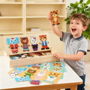 Wooden Dress Up Puzzles Toys Montessori Dress Up Change Clothes Learning Toys Animal Bear Change Clothes Jigsaw Puzzle Box Matching Games Dressing Kid's Travel Set