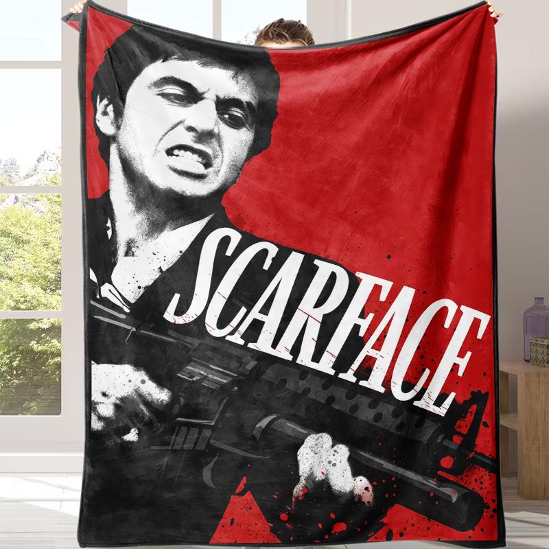 Scarface Tony Montana Fleece Throw Blanket, Al Pacino Classic Gangster Movie Graphic Plush Blanket, Red Black Splash Print, Cozy Soft Blanket For Movie Fans Couch Bed Home Decor