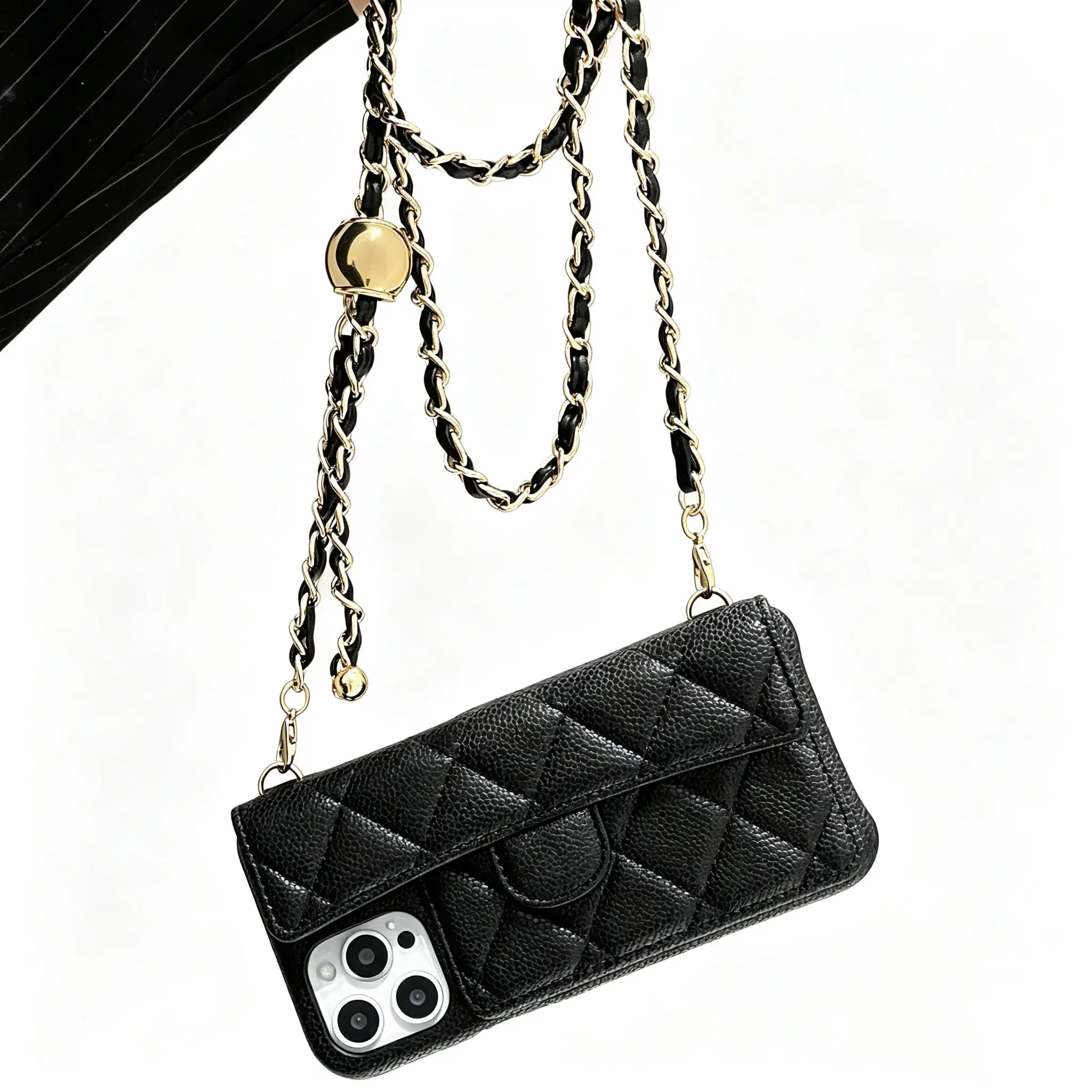 Quilted Faux Leather iPhone Case With Crossbody Chain for iPhone15/16/17 Pro Max