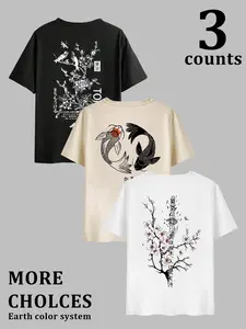 Men's Crane & Fish & Tree Print Short Sleeve Tee, Regular Fit Casual Graphic Design Japanese Style Round Neck T-shirt for Daily Wear, Men's Top for All Seasons, Tropical, Casual Streetwear Tops, Casual Summer Clothes