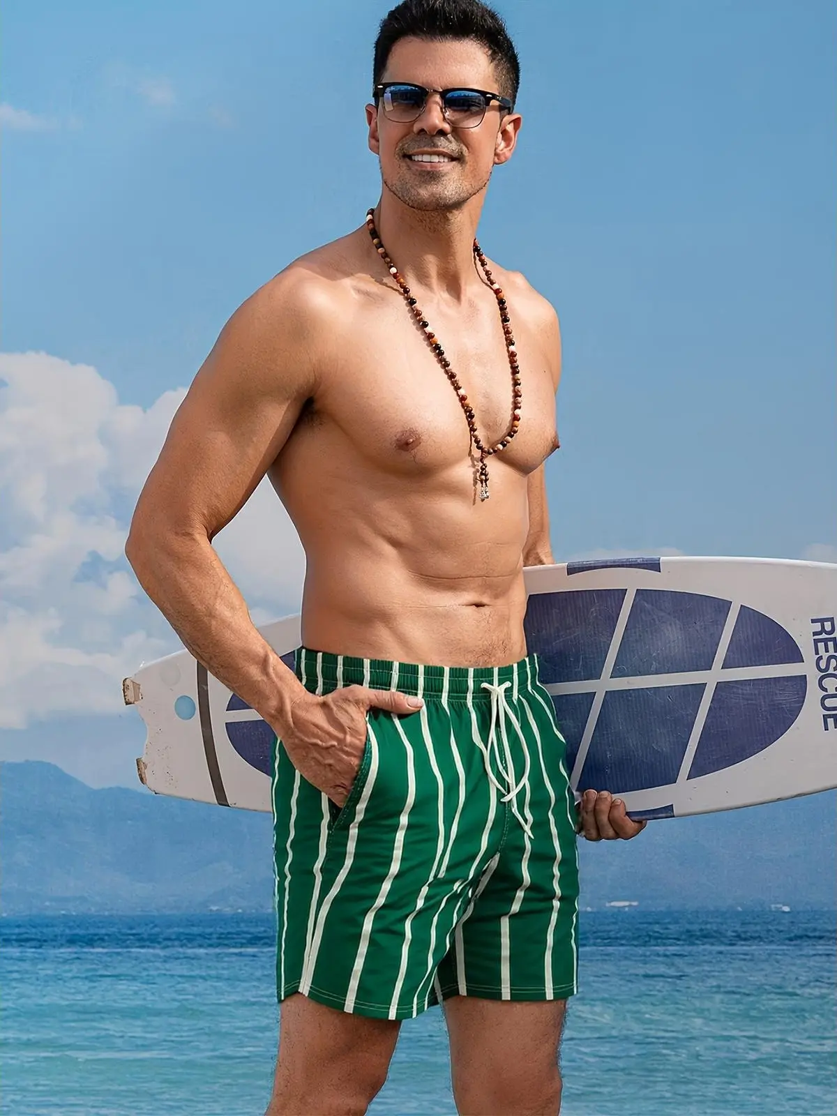 Men's Striped Swim Trunks, Sporty Chic Green and White Board Shorts in Quick-Dry Polyester with an Elastic Waist and Pockets, Surfing, Secure Drawstring, Side Pockets, Athletic, Casual, Above The Knee