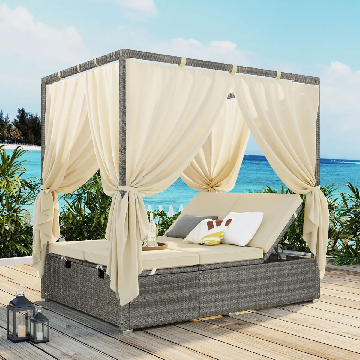 Adjustable Outdoor Sun Lounger with Canopy,Multi-Position Recline Patio Chair with Removable Cushion,Weather-Resistant Rattan Chaise Lounge for Poolside,Garden & Terrace