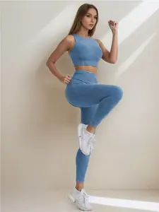 Two-Piece Set Women's Solid Crop Top & High Waist Leggings Tracksuit Set, Breathable Comfortable Sports Set for Yoga Gym Workout, Ladies Sportswear for All Seasons, Sports Fitness Wear, Yoga Workout Activewear, Yoga Clothes Set