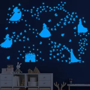 Glow in The Dark Princess Castle Wall Sticker, Self-Adhesive Star Butterfly Wall Decal for Girl's Room, Fluorescent Sticker for Ceiling Nursery (Blue)