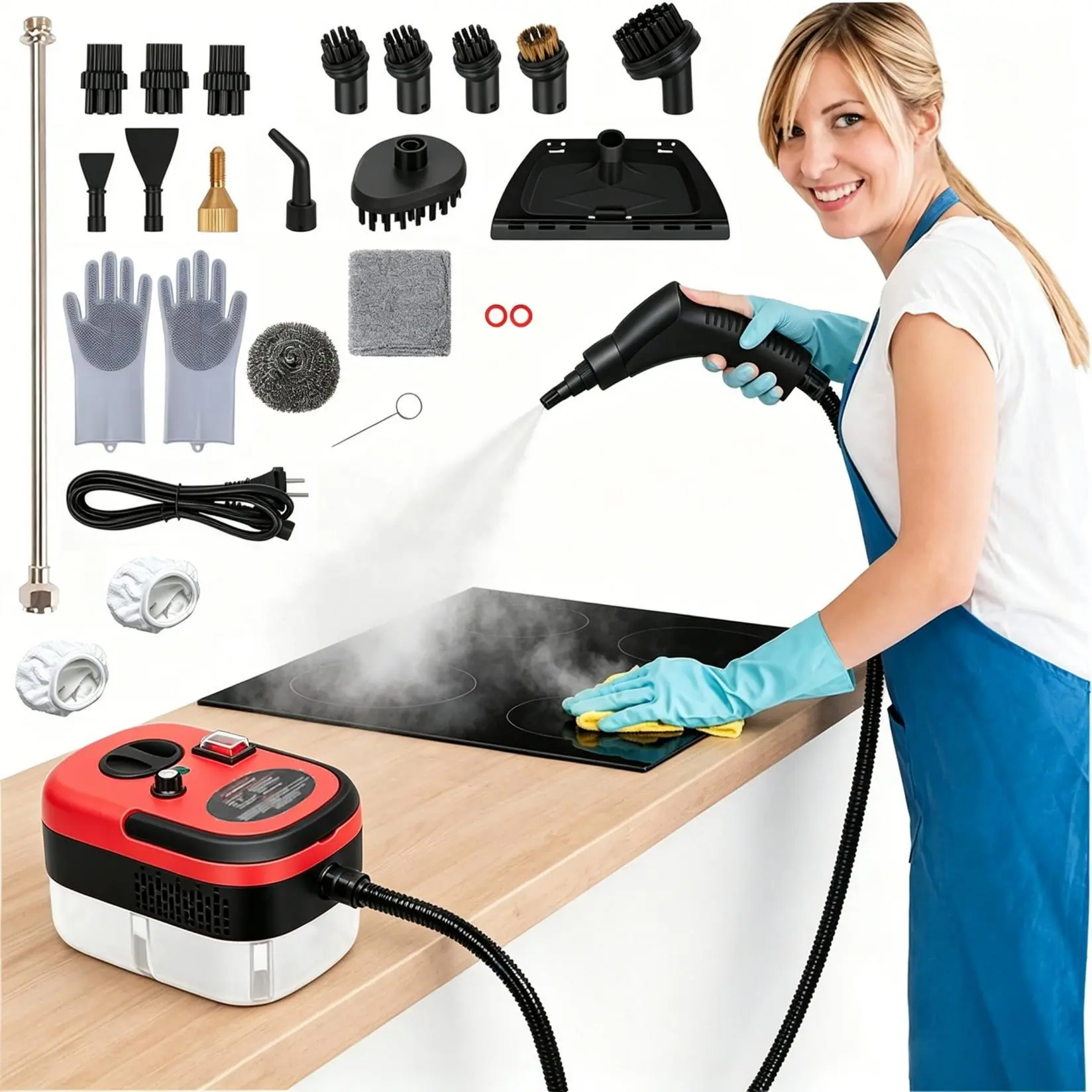 Red 2500W Heavy-Duty Steam Cleaner, 15s Fast Heat-Up, 6-Level Adjustable, 1200ml Water Tank, 20pcs Accessories, Continuous High Pressure Steam Steamer for Kitchen Range Hood, Grease and Grout Cleaning