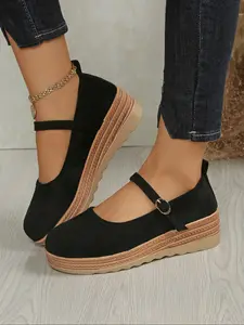 Women's Adjustable Ankle Strap Platform Wedge Casual Shoes, Breathable Fabric, Thick Sole, PU Outer Sole, Comfortable Walking, Elegant Stylish Fashion Sneakers