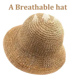 Handcrafted grass hat. Women’s hollow crocheted bucket-shaped sun hat. Wide brim design provides UV protection. Fisherman’s hat style, lightweight and breathable, suitable for summer beach use and everyday wear.