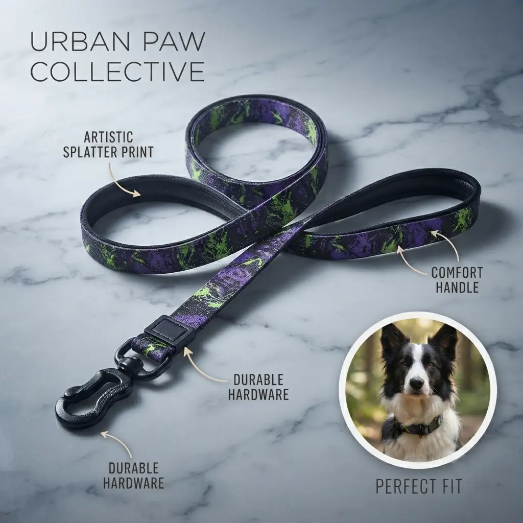 Waterproof Dog Leash and Collar Set Heavy Duty Biothane Dog Leash Splash Print Pattern Easy Clean Odor Proof Training Lead for Small Medium Large Dogs