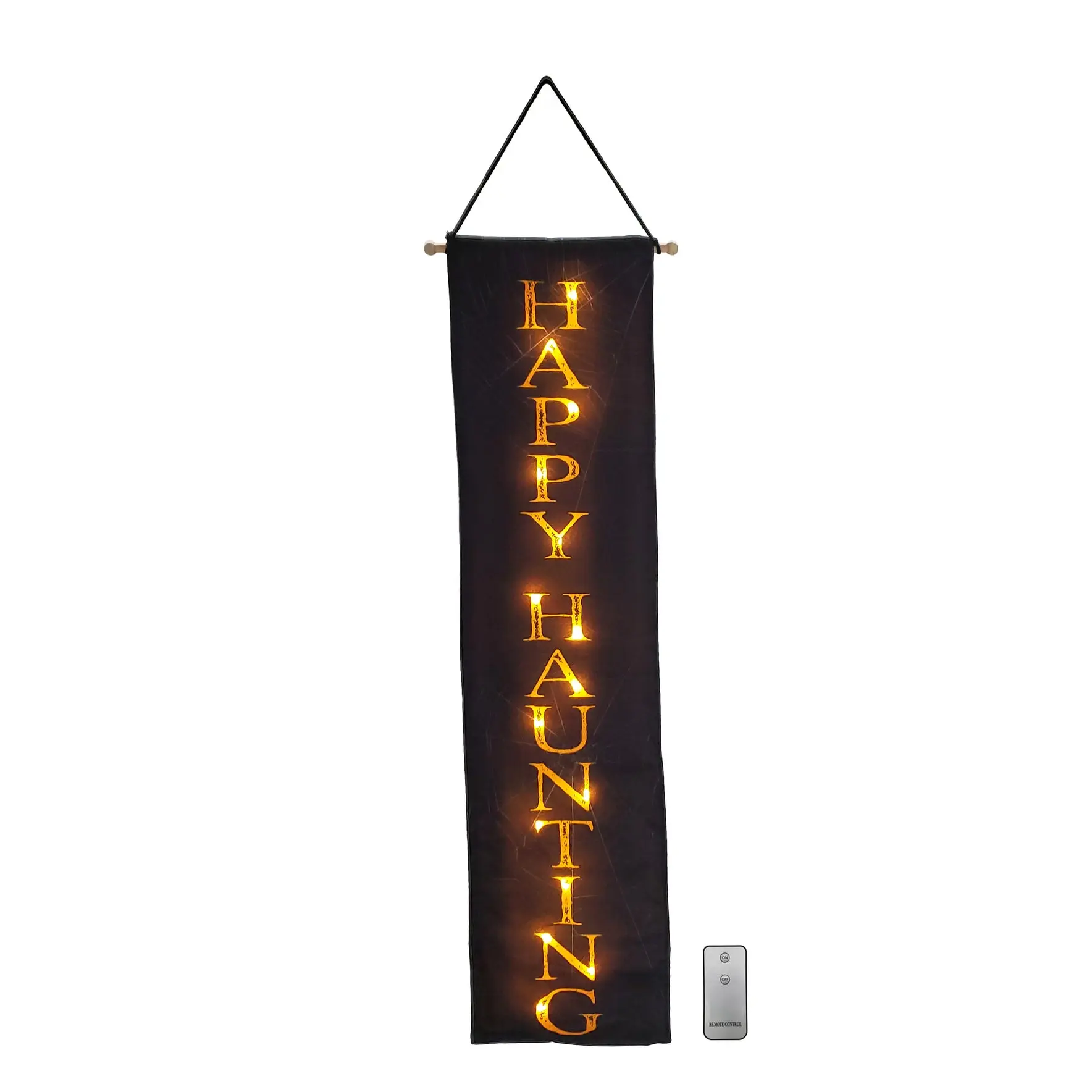 LumaBase Happy Haunting Battery-Operated Lighted Wall Banner (Part 3) - Remote-Controlled Amber LED Fairy Lights, 12" w x 48" l Weather-Resistant Spooky Wooden Halloween Decoration, Indoor-Outdoor Home Backdrop & Festive Party Ornament