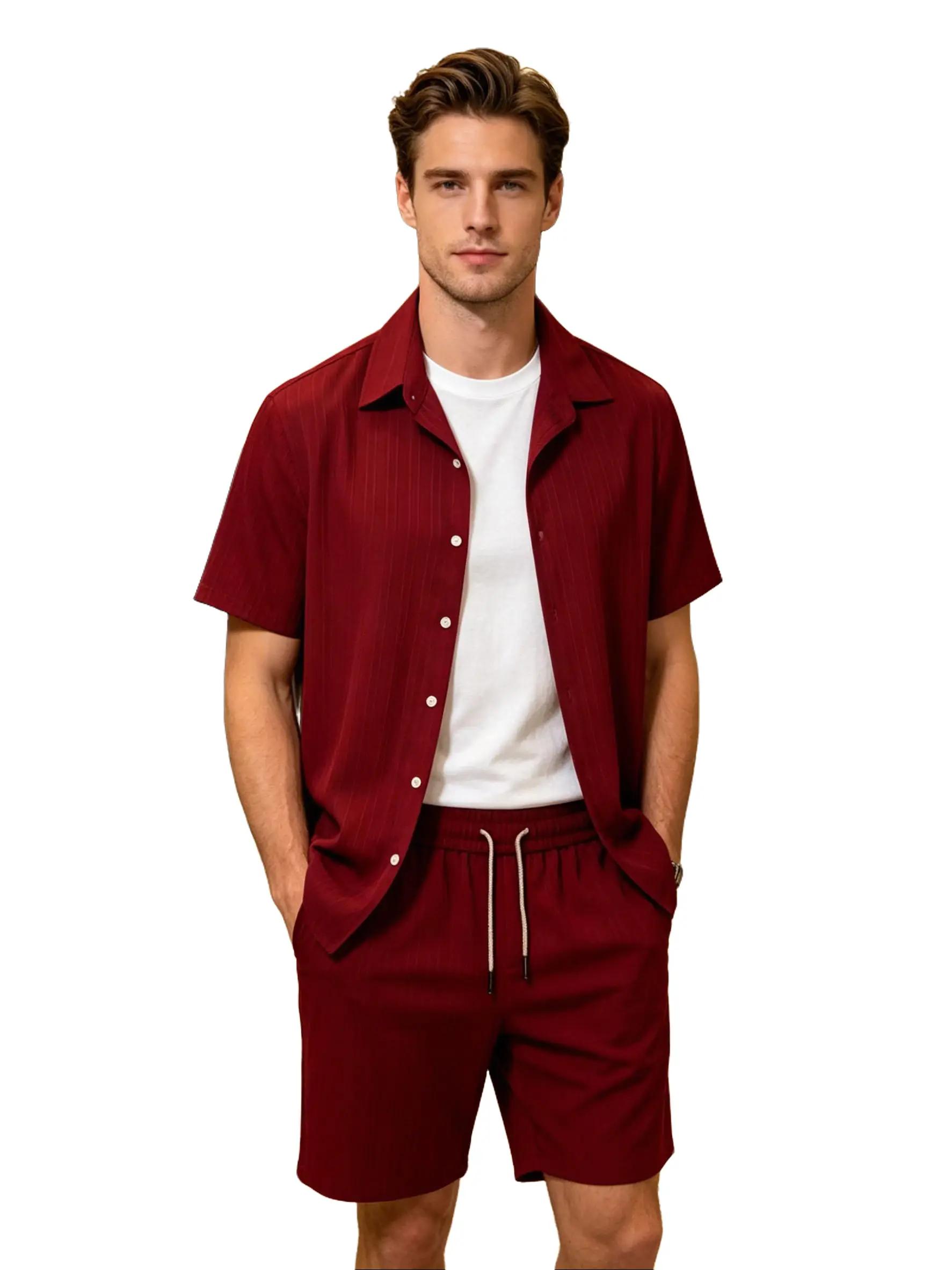 Men's Solid Short Sleeve Shirt & Shorts Two-Piece Set,Regular Fit Casual Button Up Top & Shorts for Summer,Men's Clothes for Beach Vacation Wetsuit Tropical FormalSuits Menswear Classic