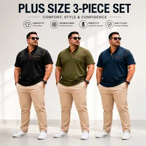 Plus Size 3 Pieces Sets Men’s Polo Shirt Street Style Summer Essential Slim Muscle Fit Casual Tee Urban Fashion Big Tall Short Sleeve Top Trending Oversized Fit Menswear Stylish